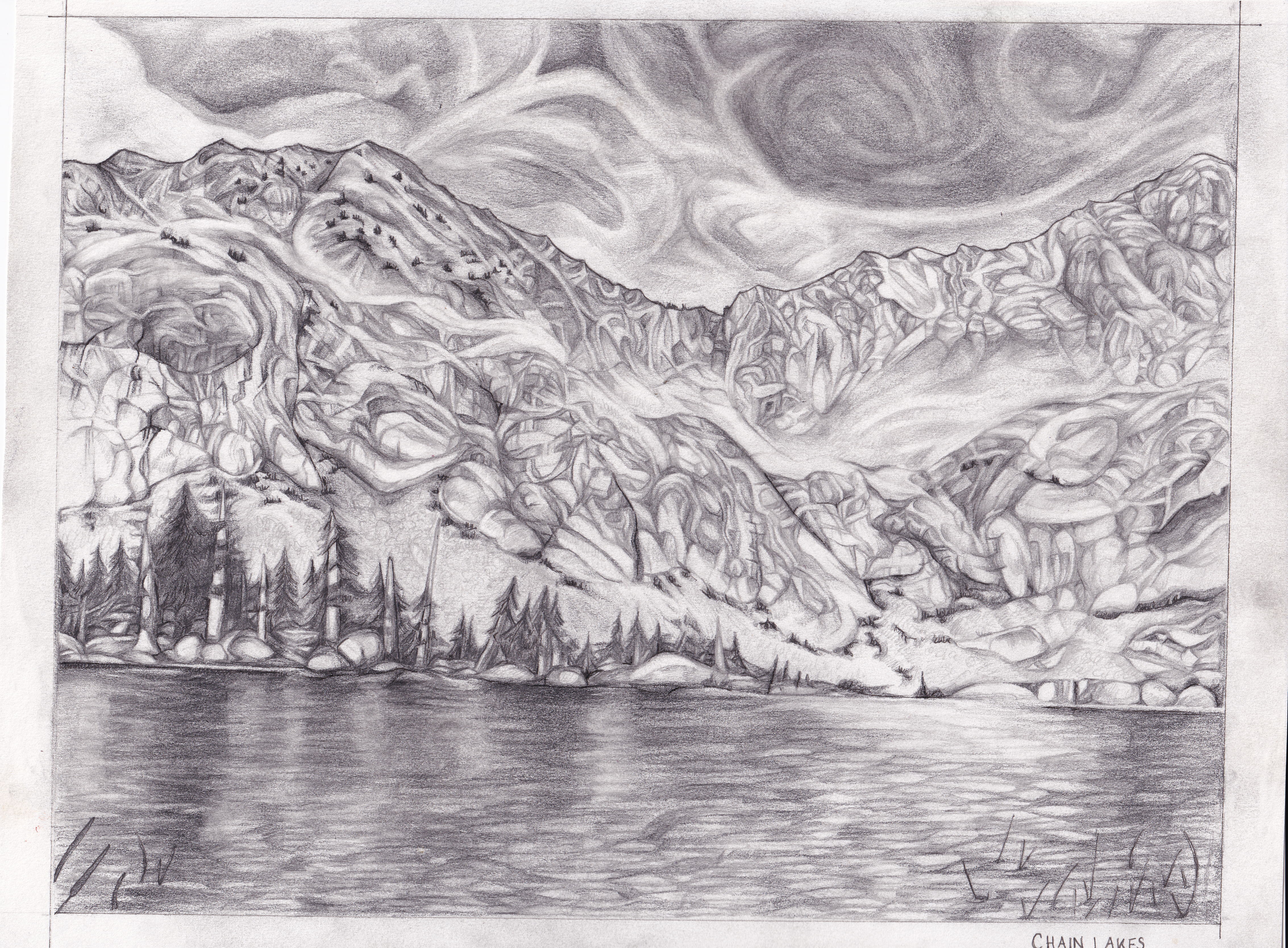 Sketch of a stormy evening at Upper Chain Lake in the southern  Yosemite wilderness