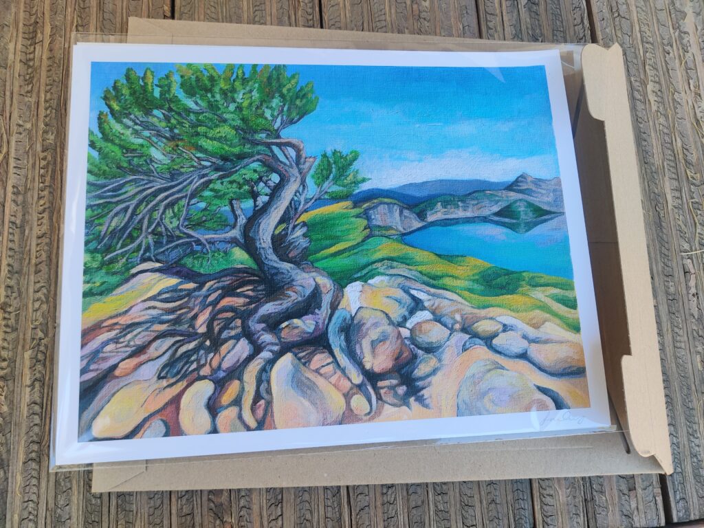 Packaged print of a wind-warped whitebark pine on the summit of Mount Scott, overlooking Crater Lake and Wizard Island