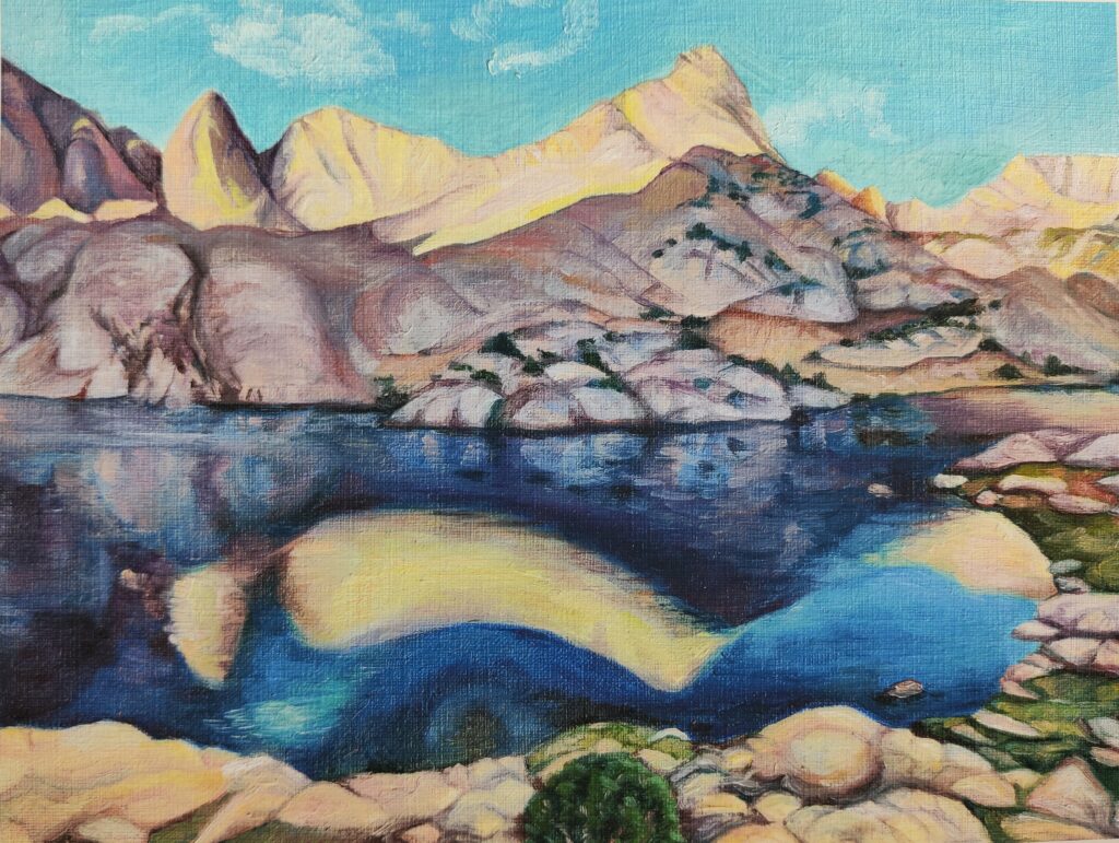 Painting of a ridge of Red and White mountain reflected in Grinnell Lake, in the Mono Recesses in the High Sierra