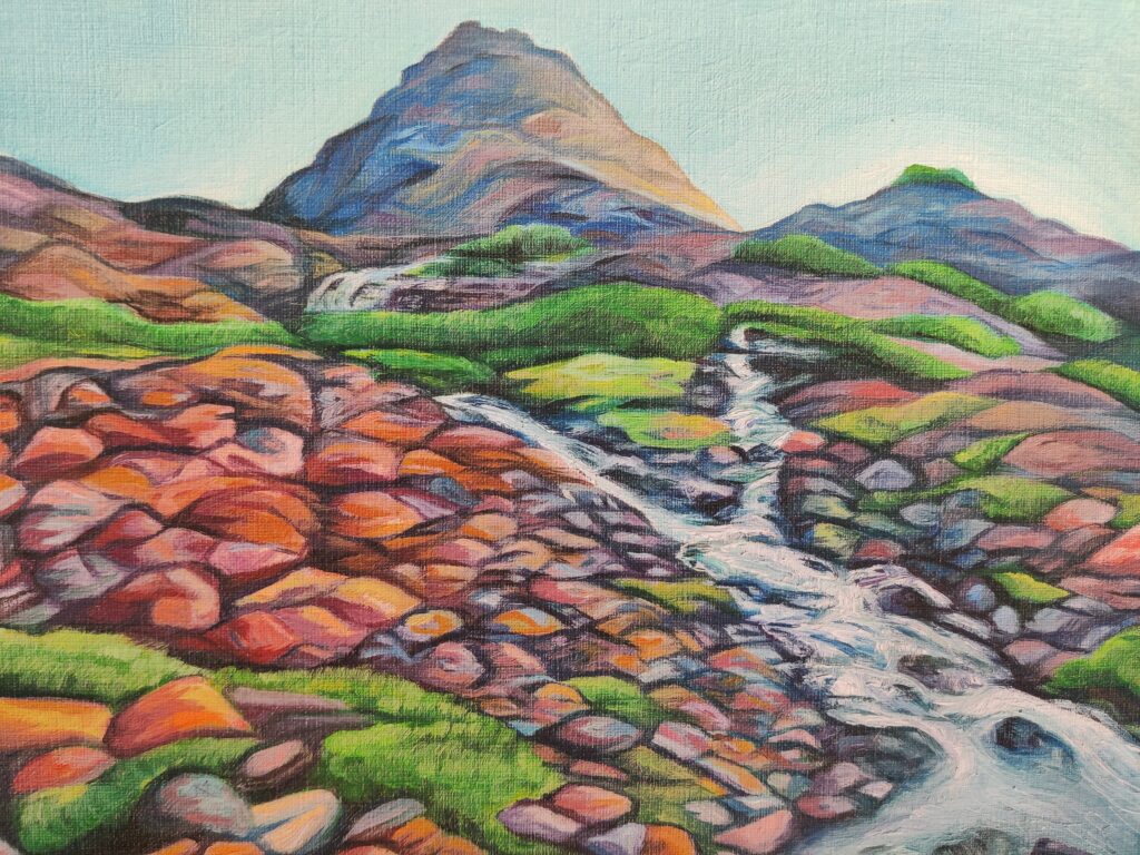 Close up painting of cascading creek coming down from Koip Peak on the descent from Koip Peak Pass