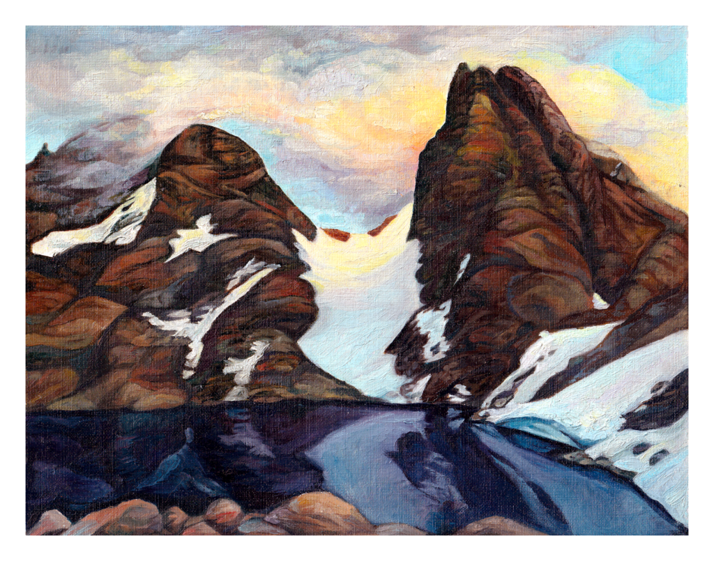 Close up of painting of Lake Catherine, below Mount Ritter and Banner Peak, in the Mammoth High Country