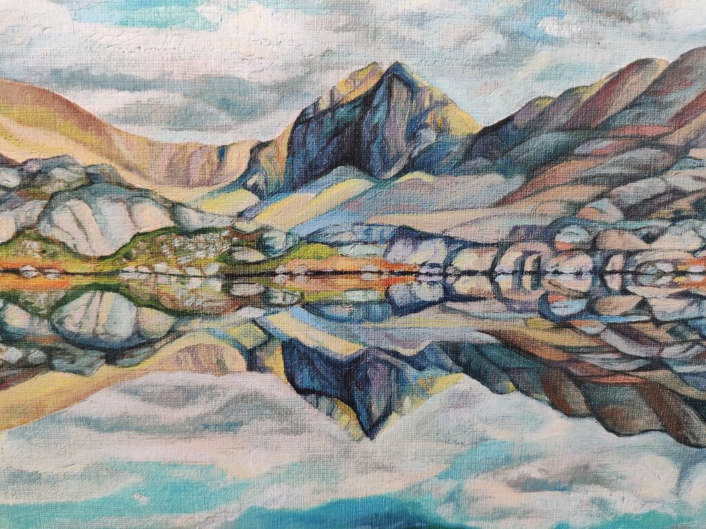 Close up of painting of the mountains mirrored in Vee Lake, in the Bear Lakes Basin of the High Sierra